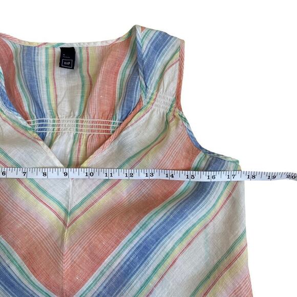 Gap 100% Linen Chevron Smocked Tank Top Blouse Rainbow Striped Vacation Beach - Picture 10 of 16